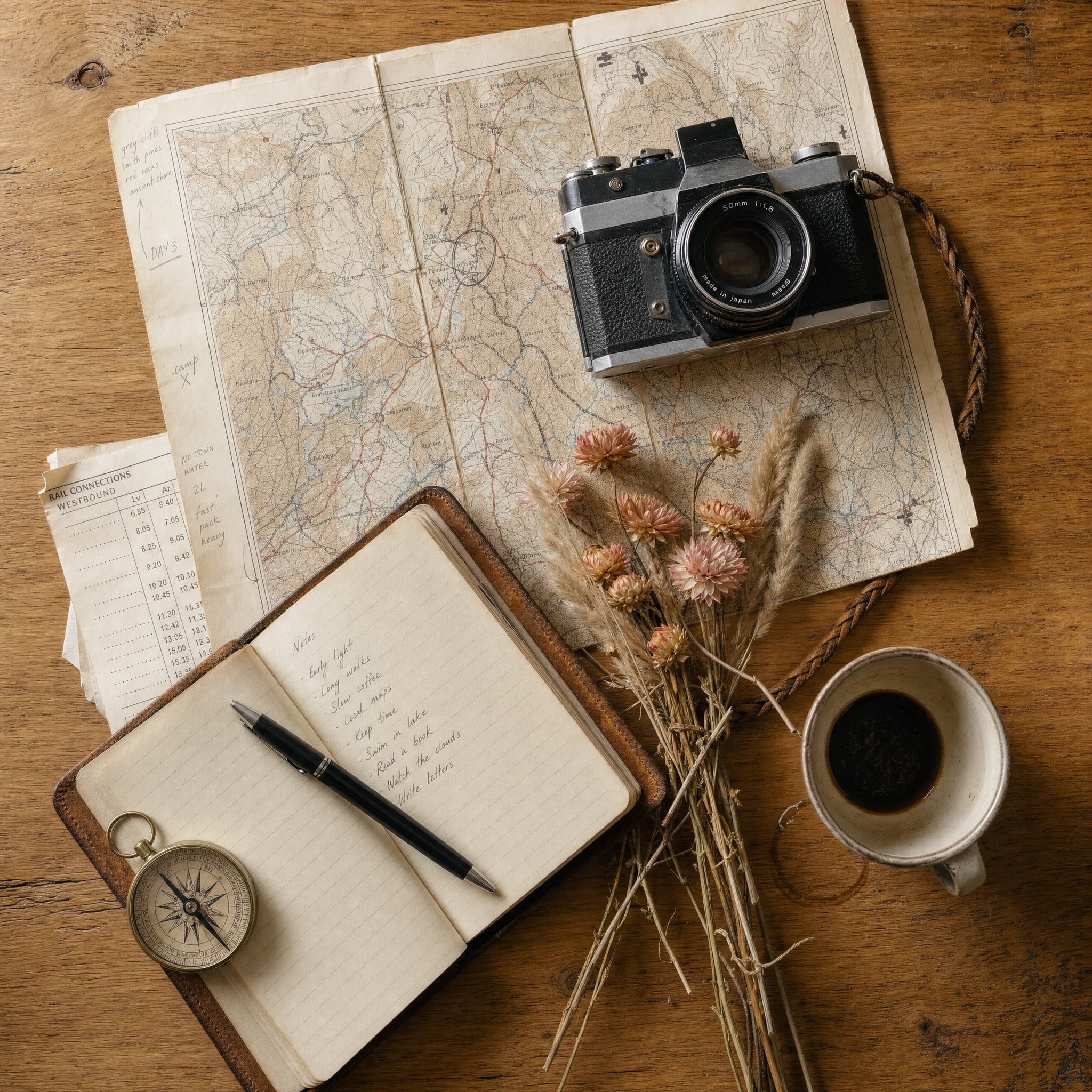 旅の計画中の机。広げた地図、メモを書いたノート、フィルムカメラ、コーヒー